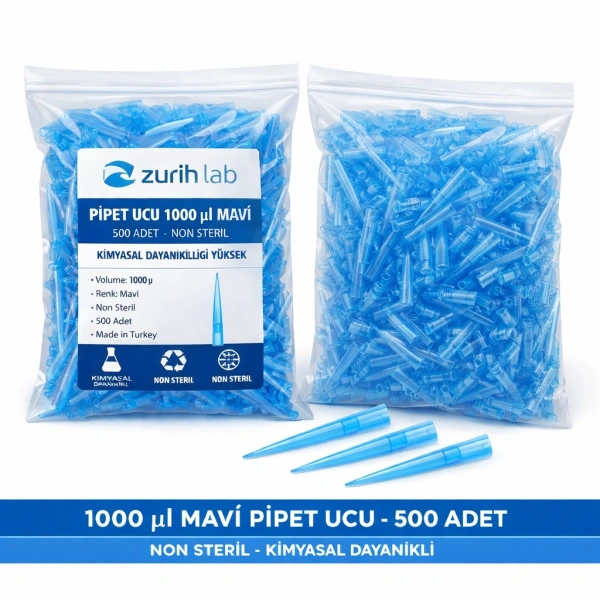 Otomatik Pipet Ucu 1000 µl Mavi - Non Steril - 500 Adetlik Paket - Yüksek Kimyasal Dayanım | Zurih Lab