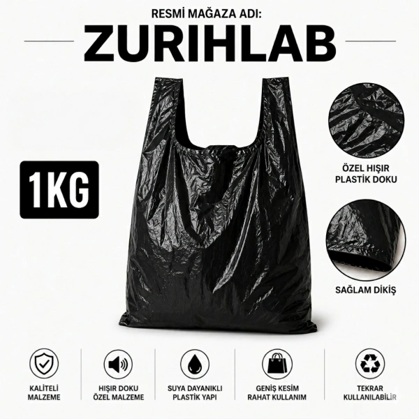 ZURIHLAB Hışır Atlet Poşet Büyük Boy Siyah Renk 1 KG - Dayanıklı Market Ve Mağaza Poşeti