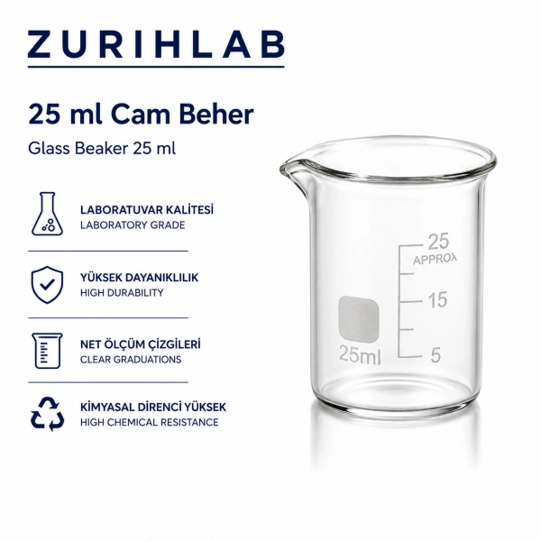 ZURIHLAB Cam Beher 25 mL - Dereceli Laboratuvar Ölçü Kabı