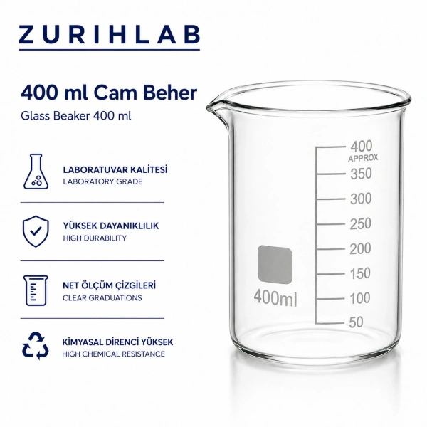 ZURIHLAB Cam Beher 400 mL - Dereceli Laboratuvar Ölçü Kabı