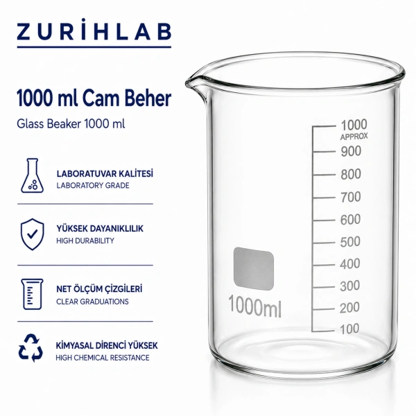 ZURIHLAB Cam Beher 1000mL - Dereceli Laboratuvar Ölçü Kabı