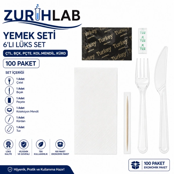 ZURIHLAB Yemek Seti 6lı Set - Çatal Bıçak Peçete Mendil Kürdan 100lü Paket