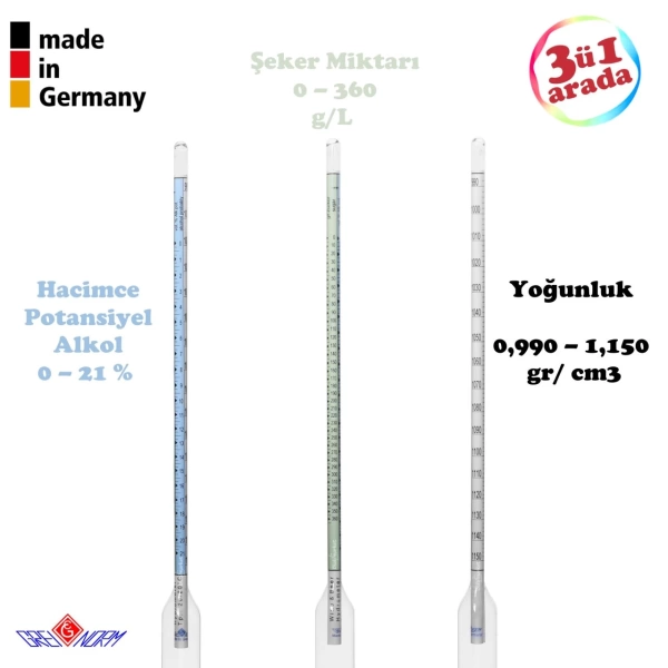 Alkolmetre - Üç Skalalı Hidrometre (Uzunluk: 35,5 Cm)