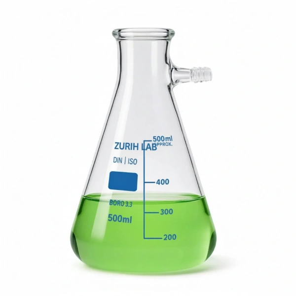 Cam Nuçe Erlen 500 ml – Yan Kollu Vakum Erlen – Dış ÇapxYükseklik: 105x184 mm - Zurih Lab & Zürih Ticaret
