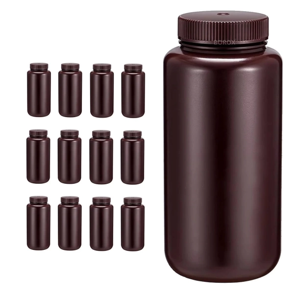 HDPE Amber Numune Şişesi 1000ml - Vida Kapaklı - 12 Adetlik Toptan Set