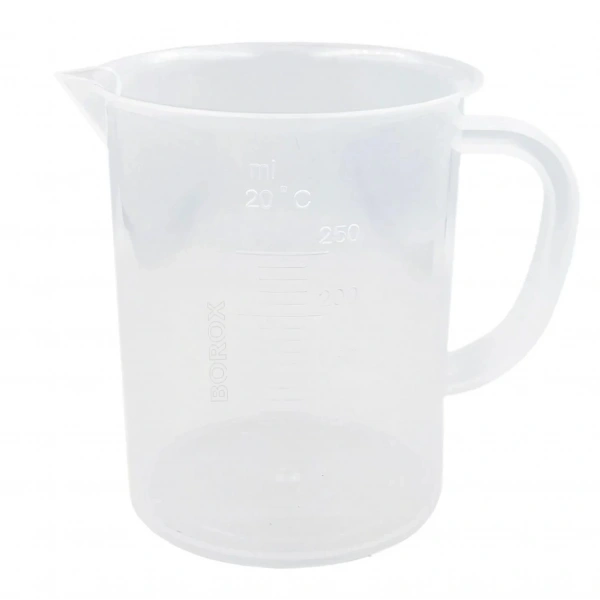 Kulplu Plastik Beher 250 mL - Kabartma Dereceli Beaker - Ölçü Kabı - 12 Adetlik Toptan Set