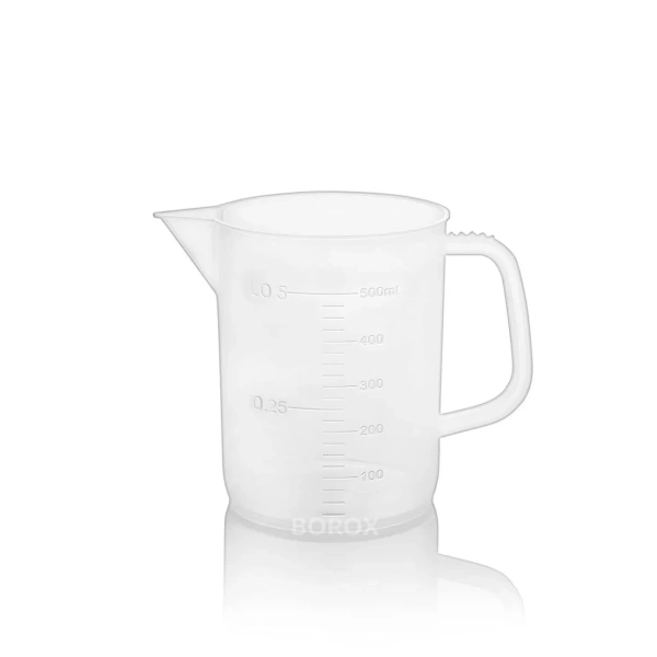 Kulplu Plastik Beher 500 mL - Kabartma Dereceli Beaker - Ölçü Kabı - PP Beher - 12 Adetlik Toptan Set