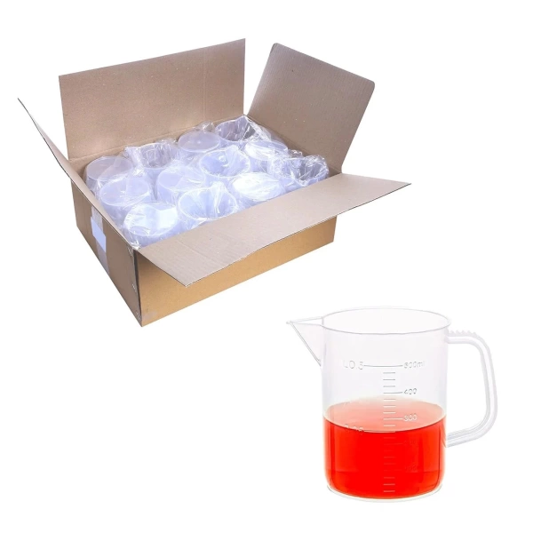 Kulplu Plastik Beher 500 mL - Kabartma Dereceli Beaker - Ölçü Kabı - PP Beher - 12 Adetlik Toptan Set