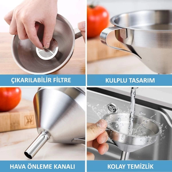 Kulplu ve Süzgeçli Paslanmaz Çelik Huni - Filtreli