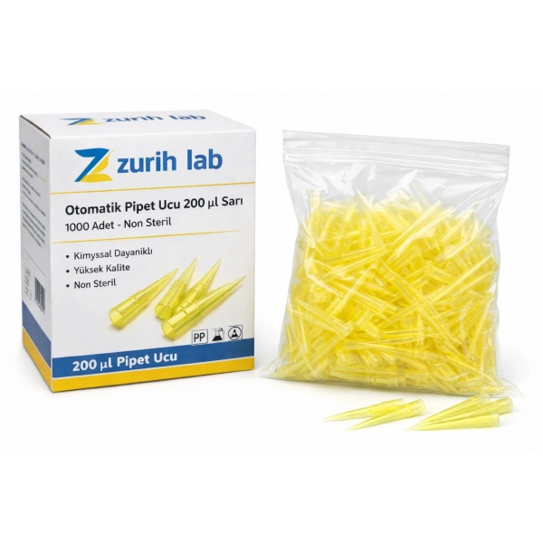 Otomatik Pipet Ucu 200 µl Sarı (10.000 Adetlik Toptan Set) | Non Steril, Yüksek Kimyasal Dayanım | Zurih Lab