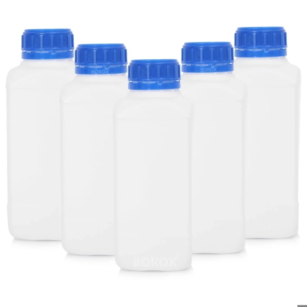 Plastik Kare Şişe 1000 ml - Mavi Kapaklı - 5 Adetlik Set - Yüksek Kaliteli