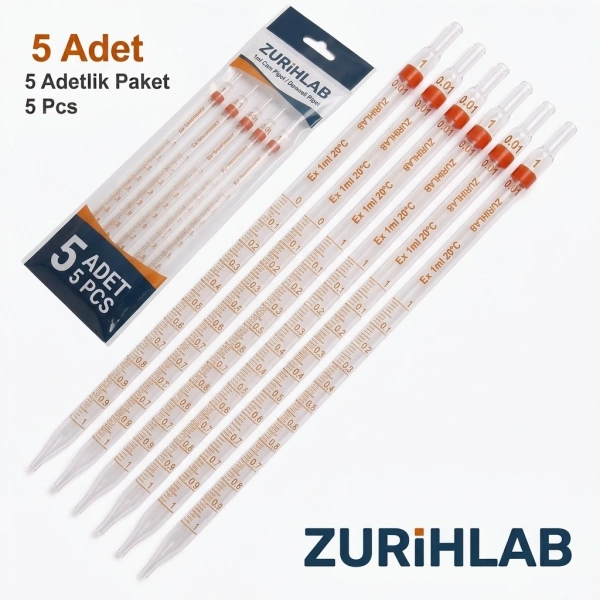 Serolojik Pipet - Cam Dereceli Pipet 1 mL - 5 Adetlik Set