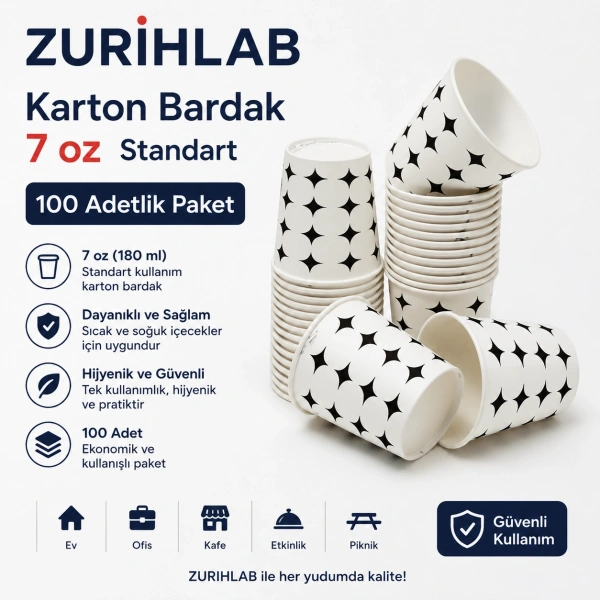 ZURIHLAB Karton Bardak 7 Oz Standart 100 Adet - Tek Kullanımlık Karton Bardak