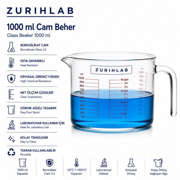 ZURIHLAB Kulplu Cam Ölçü Kabı Beher 1000 mL