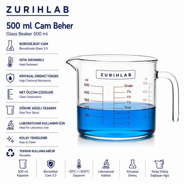 ZURIHLAB Kulplu Cam Ölçü Kabı Beher 500 mL