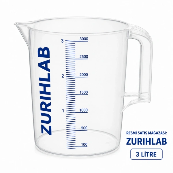 ZURIHLAB Kulplu Plastik Beher 3 Litre - Kabartma Taksimatlı Ölçü Kabı - Maşrapa