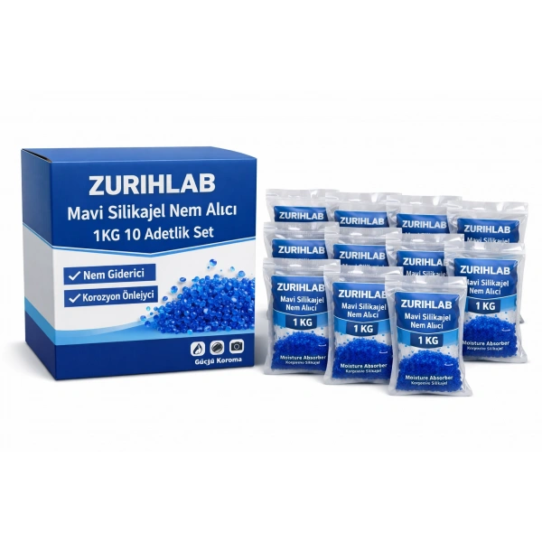 ZURIHLAB Silikajel Mavi Nem Alıcı (1 Kg) - Silika Jel İndikatörlü - (10 Adetlik Toptan Set)