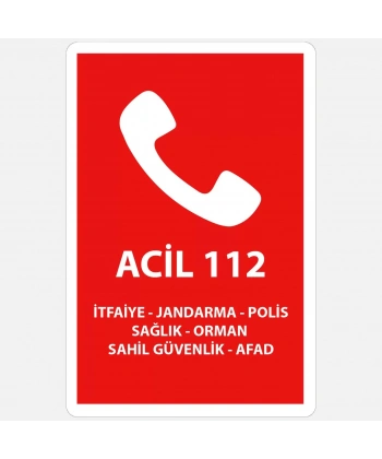 112 Acil Önemli Telefonlar Levhası 16x24 cm - 1mm Beyaz Foreks Uyarı Levhası