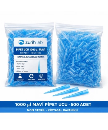 Otomatik Pipet Ucu 1000 µl Mavi - Non Steril - 500 Adetlik Paket - Yüksek Kimyasal Dayanım | Zurih Lab