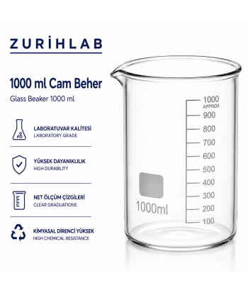 ZURIHLAB Cam Beher 1000mL - Dereceli Laboratuvar Ölçü Kabı