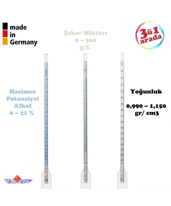 Alkolmetre - Üç Skalalı Hidrometre (Uzunluk: 35,5 Cm)