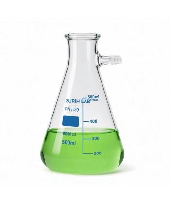 Cam Nuçe Erlen 500 ml – Yan Kollu Vakum Erlen – Dış ÇapxYükseklik: 105x184 mm - Zurih Lab & Zürih Ticaret