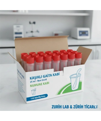 Kaşıklı Gaita Kabı 25 ml – Non Steril Numune Kabı 150 Adetlik Kutu | Yüksek Kalite | Zurih Lab