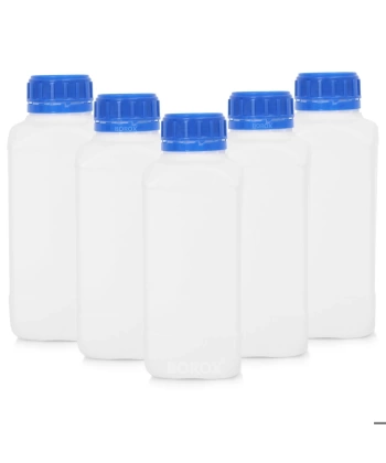 Plastik Kare Şişe 1000 ml - Mavi Kapaklı - 5 Adetlik Set - Yüksek Kaliteli