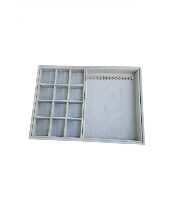 12 Bölmeli Ve 15 Li Metal Zincir Askılı Kolye Ucu Küpe Yüzük Servis Tablası Süet Gri