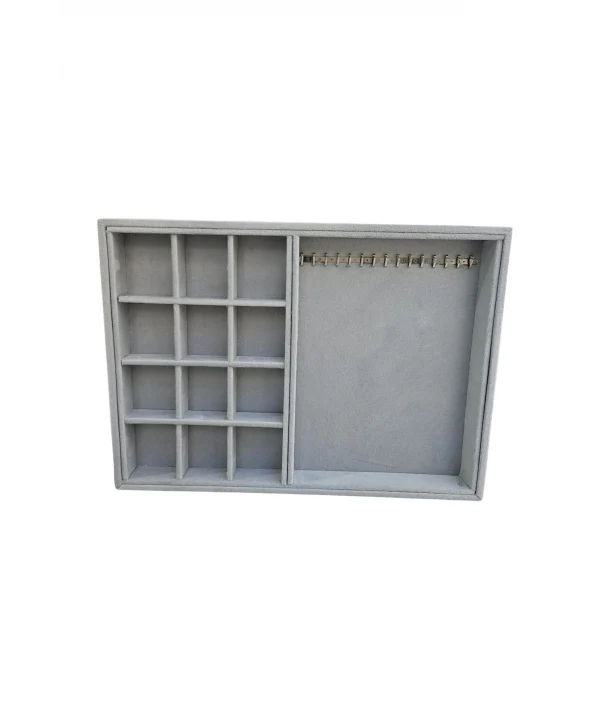 12 Bölmeli Ve 15 Li Metal Zincir Askılı Kolye Ucu Küpe Yüzük Servis Tablası Süet Gri