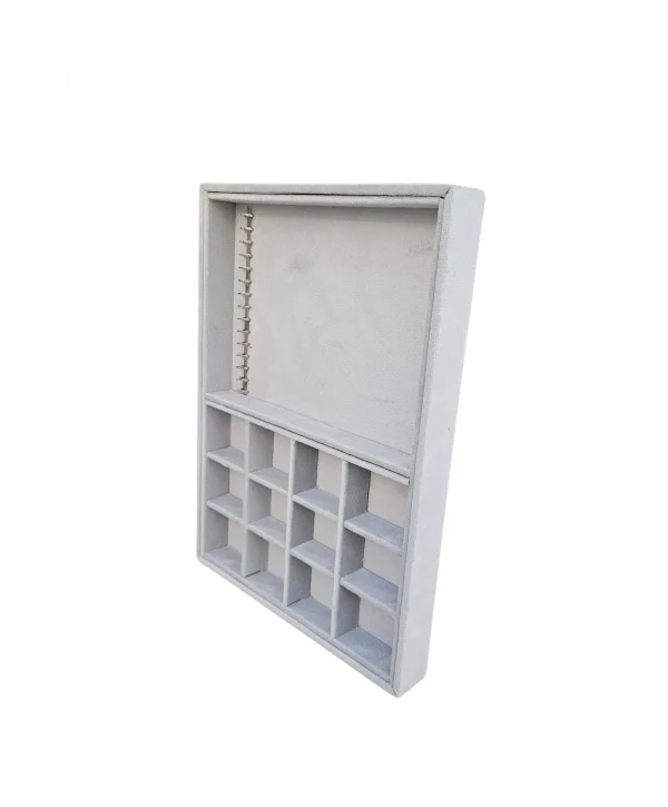 12 Bölmeli Ve 15 Li Metal Zincir Askılı Kolye Ucu Küpe Yüzük Servis Tablası Süet Gri