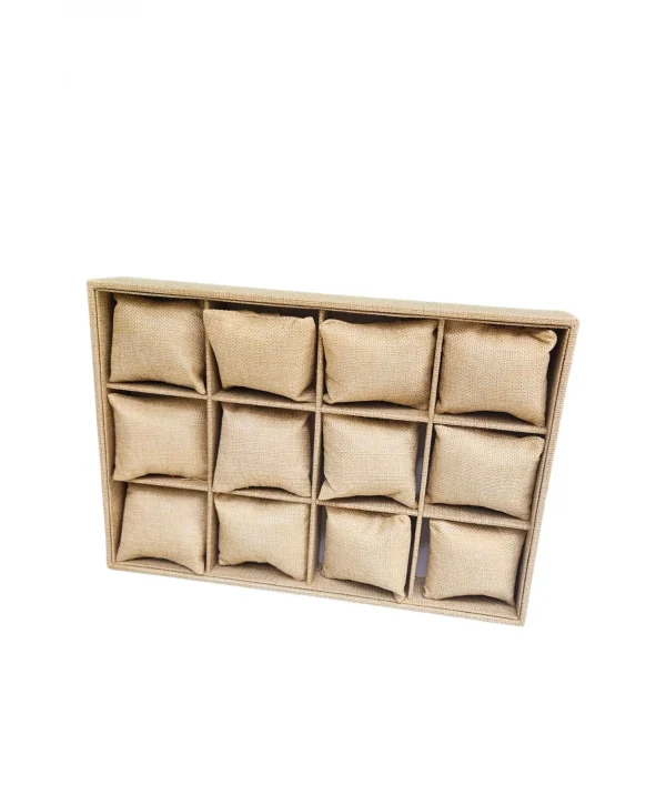 12 Li Saat & Kelepçe Yastıklı Masaüstü Kutu & Tabla Keten Süet (Hasır)