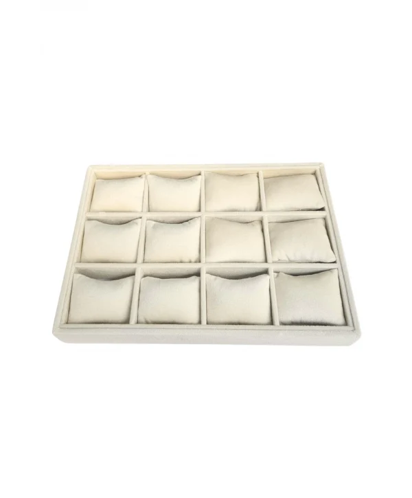 12 Li Saat & Kelepçe Yastıklı Masaüstü Kutu & Tabla Krem Süet