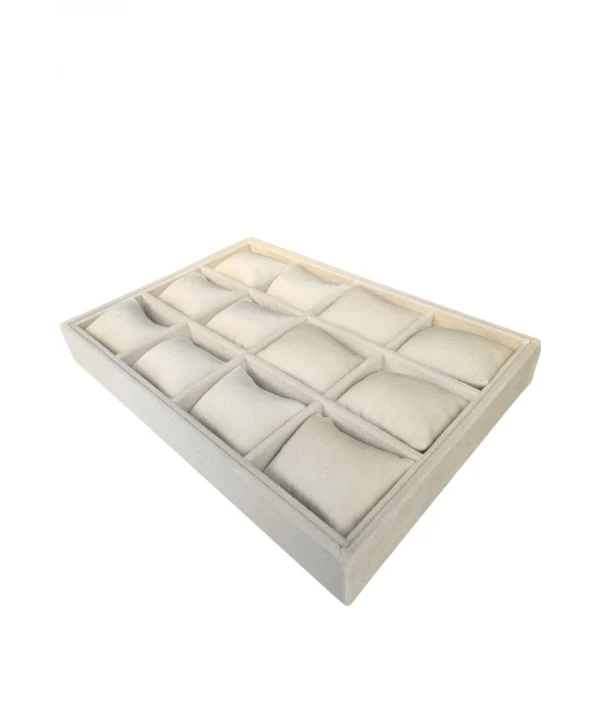 12 Li Saat & Kelepçe Yastıklı Masaüstü Kutu & Tabla Krem Süet