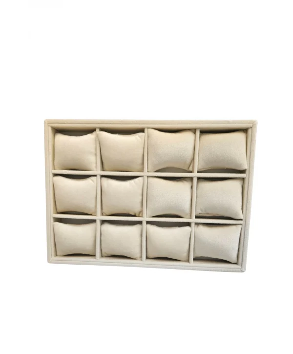 12 Li Saat & Kelepçe Yastıklı Masaüstü Kutu & Tabla Krem Süet