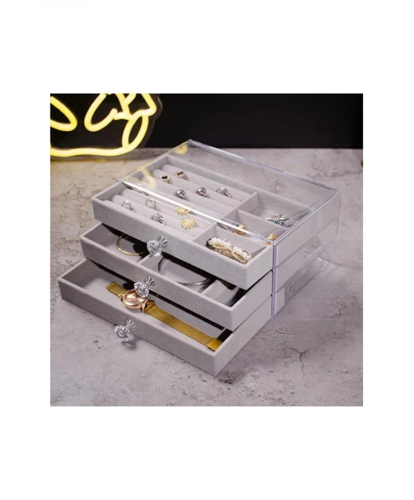 Akrilik 3 Kadife Çekmeceli Takı Organizatörü,Düzenleyici (13x23 cm ) Gri Süet