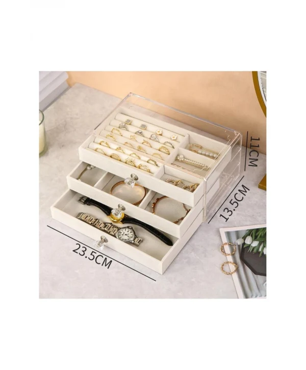 Akrilik 3 Kadife Çekmeceli Takı Organizatörü,Düzenleyici (13x23 cm ) Krem Süet