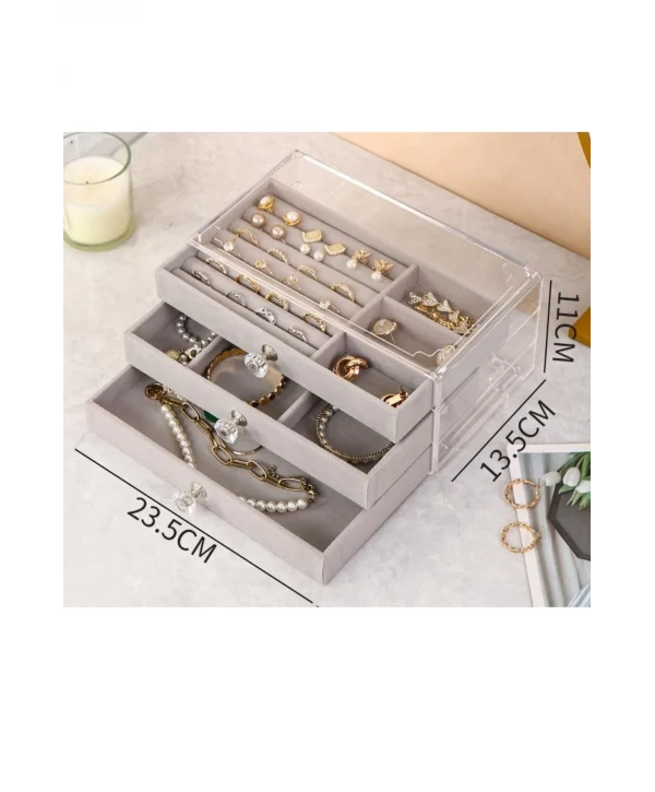 Akrilik 3 Kadife Çekmeceli Takı Organizatörü,Düzenleyici (13x23 cm ) Gri Süet