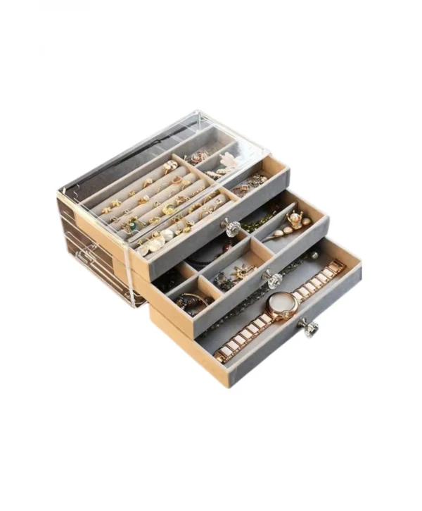 Akrilik 3 Kadife Çekmeceli Takı Organizatörü,Düzenleyici (13x23 cm ) Gri Süet