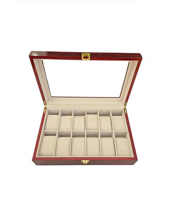 Camlı İthal 12 li Ahşap Büyük Boy Takı, Seyahat Ve Saat Çantası,kutusu Vişne (20x30 Cm )