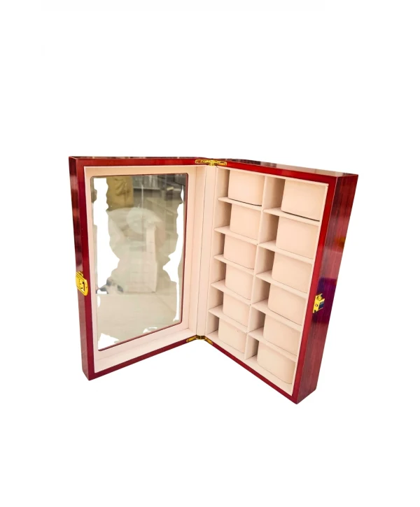 Camlı İthal 12 li Ahşap Büyük Boy Takı, Seyahat Ve Saat Çantası,kutusu Vişne (20x30 Cm )