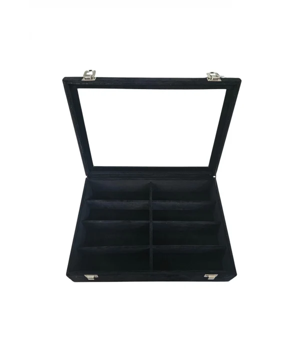 Camlı Kapaklı 8 Bölmeli Gözlük Kutusu,takı Kutusu Ve Çantası Siyah Süet