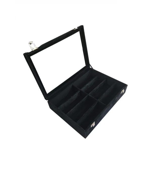 Camlı Kapaklı 8 Bölmeli Gözlük Kutusu,takı Kutusu Ve Çantası Siyah Süet