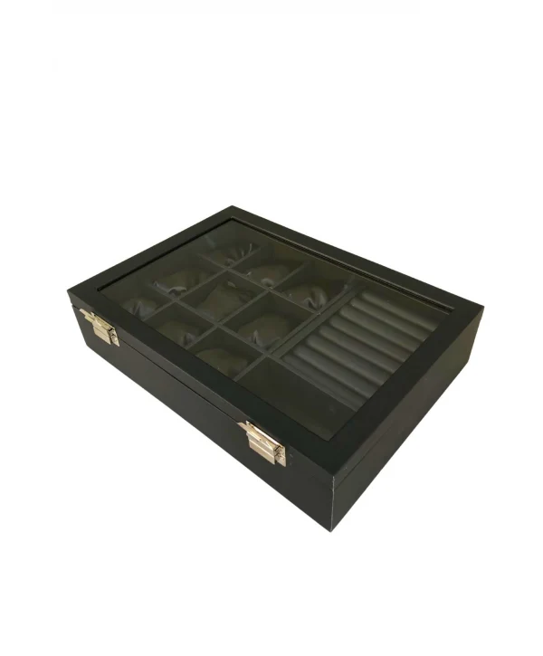 Camlı Kapaklı Mix Yastıklı&rulo &bölmeli Takı Tablası Siyah Deri / Içi Siyah