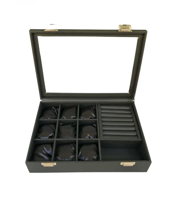 Camlı Kapaklı Mix Yastıklı&rulo &bölmeli Takı Tablası Siyah Deri / Içi Siyah