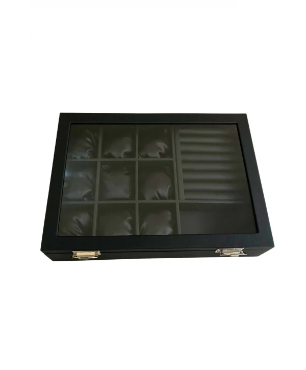 Camlı Kapaklı Mix Yastıklı&rulo &bölmeli Takı Tablası Siyah Deri / Içi Siyah