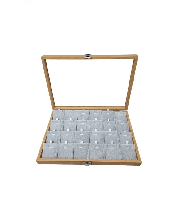 Camlı Süet Bölmeli Kolye Küpe Tablası (Ahşap Kasalı) 18li