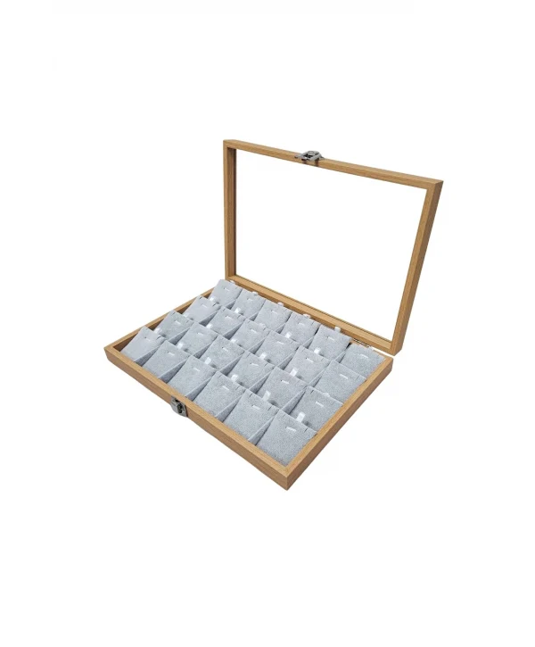 Camlı Süet Bölmeli Kolye Küpe Tablası (Ahşap Kasalı) 18li