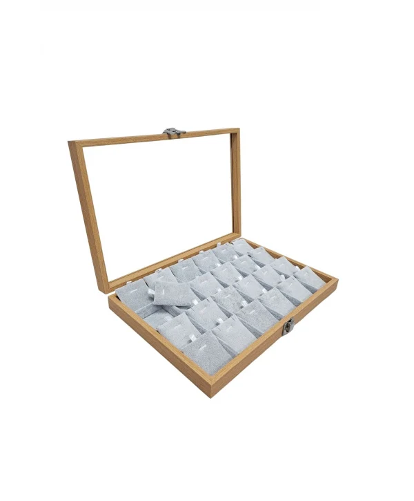 Camlı Süet Bölmeli Kolye Küpe Tablası (Ahşap Kasalı) 18li