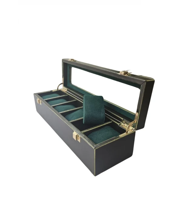 Deri Lüx 6 Lı Saat Çantası,Kutusu Kilitli (Camlı) (Yeşil)